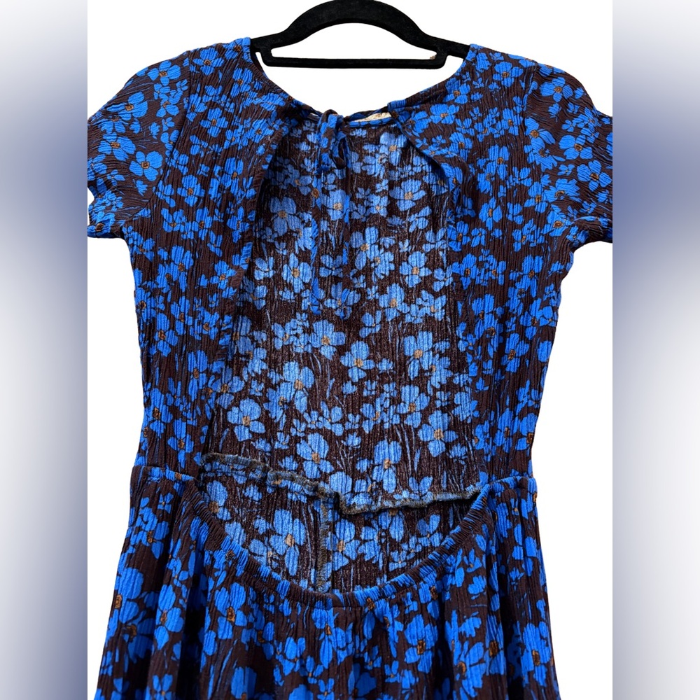 Free People “Two Paths” Smocked Blue & Brown Floral Jumpsuit Size S - Picture 6 of 11